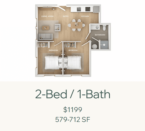 Floor plan for 2 beds, 1 bath, 628 sqft